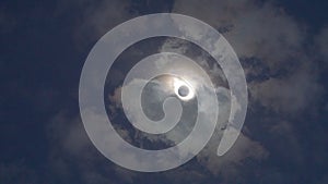 The eclipse of the sun on April 8th 2024 with a slight cloud cover to show the corona photo
