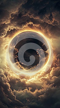 Eclipse surrounded by dramatic clouds, cosmic phenomenon. Celestial event and astronomy concept