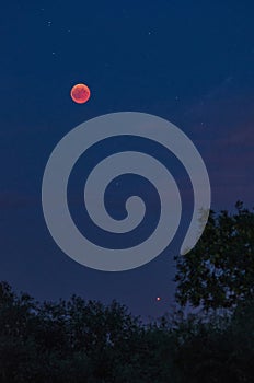 Eclipsed Moon with stars and Mars