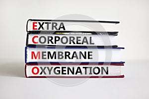 ECMO, Extra Corporeal Membrane Oxygenation symbol. Concept words `ECMO, Extra Corporeal Membrane Oxygenation` on books on a