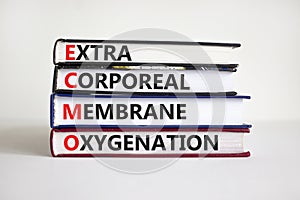 ECMO, Extra Corporeal Membrane Oxygenation symbol. Concept words `ECMO, Extra Corporeal Membrane Oxygenation` on books on a photo