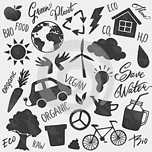 Vector environment icons shapes. Bio, recycle, vegan, ecology lifestyle black stickers.