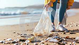 Eco-activism. Girl picks up plastic bottle and bag on beach. Nature, sea and waste. People and ecology. Environmental