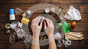 Eco Activist hands sorting waste preparing for recycling, environment, ecology, Earth day concept