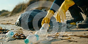 Eco activist picking up plastic trash on beach. AI generated