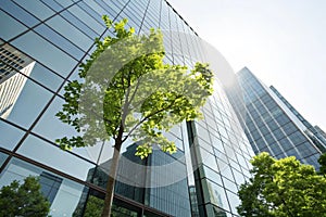 Eco architecture with green tree and glass building photo