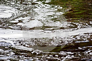 Eco background made of water with white foam and green reflection, soft focus