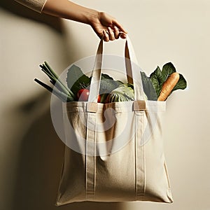 Eco bag. Brown grocery bag filled fresh vegetables surface. Healthy eating sustainable shopping