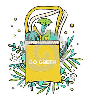 Eco bag with food. Plant leaves on the background. Hand drawn vector sketch color illustration