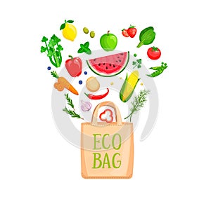 Eco Bag with isolated vegetables and berries.