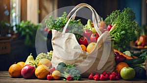 Eco bag for shopping with fresh organic fruits and vegetables