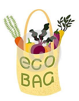 Eco bag. Vector illustration of cloth tote full of organic vegetables with lettering.