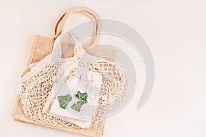 Eco Bags.A variety of eco bags on a yellow background . Sustainable lifestyle.Zero waste minimal composition with tring