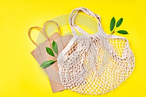 Eco Bags.A variety of eco bags on a yellow background . Sustainable lifestyle.Zero waste minimal composition with tring