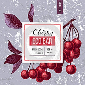 Eco bar paper emblem over hand drawn cherry branch