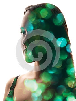 Eco beauty green bokeh light woman face silhouette