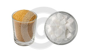 Eco bio brown sugar in glass isolated on black background