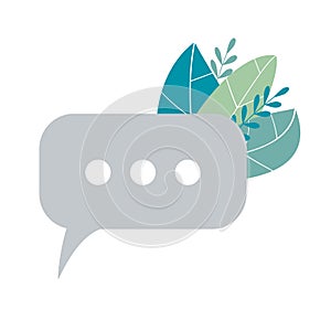 Eco bio bubble talk with foliage. Three-point conversational cloud message chat concept. Speech minimal box rectangle. Vector