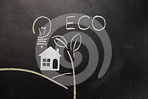 Eco, bio, energy-saving concept. Paper white house, drawing leaves and light bulb on black background with copy space.