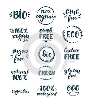 Eco, bio and organic products. Sagar, GMO, gluten and lactose free. Handwritten lettering. A set of stamps or stickers