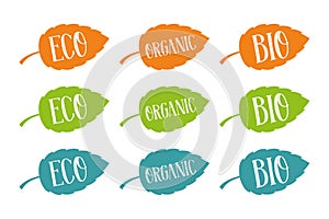Eco, bio and organic vector set for web and print. Hand drawn typography on colorful leaves.
