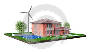 Eco Brick House with solar panels and wind turbine on white background, realistic 3d rendering illustration