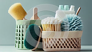 Eco brushes, sponges and rag in cleaning basket.. Generate Ai