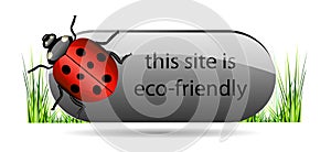 Eco button with ladybug and green grass.