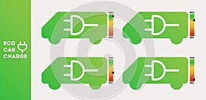 Eco car charge badges. Vehicle charge level. A sign an energy station. Ecological fuel icon set, green fuel vector