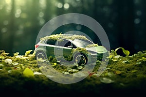Eco car concept. Eco car on forest. EV electrical energy for environment. Eco friendly car development. AI generated