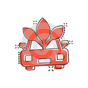 Eco car icon in comic style. Leaf and auto cartoon vector illustration on white isolated background. Bio charging splash effect