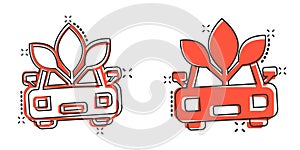 Eco car icon in comic style. Leaf and auto cartoon vector illustration on white isolated background. Bio charging splash effect