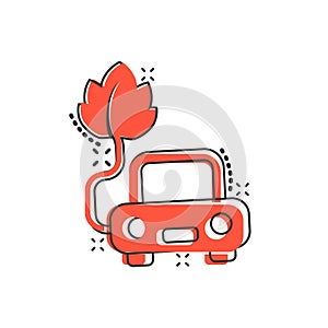 Eco car icon in comic style. Leaf and auto cartoon vector illustration on white isolated background. Bio charging splash effect