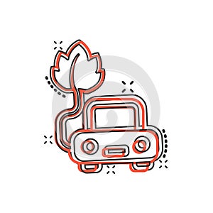 Eco car icon in comic style. Leaf and auto cartoon vector illustration on white isolated background. Bio charging splash effect