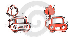 Eco car icon in comic style. Leaf and auto cartoon vector illustration on white isolated background. Bio charging splash effect