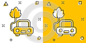 Eco car icon in comic style. Leaf and auto cartoon vector illustration on white isolated background. Bio charging splash effect