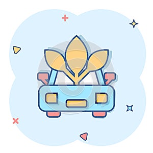 Eco car icon in comic style. Leaf and auto cartoon vector illustration on white isolated background. Bio charging splash effect