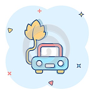 Eco car icon in comic style. Leaf and auto cartoon vector illustration on white isolated background. Bio charging splash effect