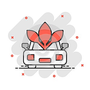 Eco car icon in comic style. Leaf and auto cartoon vector illustration on white isolated background. Bio charging splash effect