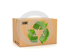 Eco. Cardboard box with green recycle ecology sign.
