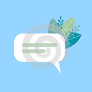 Eco chat bubble with foliage. Conversational cloud bio message concept with leaflets in blue background. Two lines of abstract