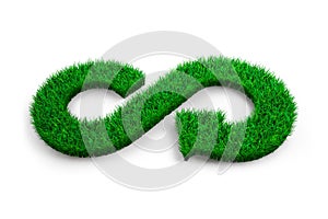 ECO and circular economy concept. The green grass in form of arrow infinity recycling symbol on white background, 3D illustration