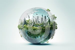 Eco city concept in glass sphere. Close up human hands holding planet earth with green city in it.