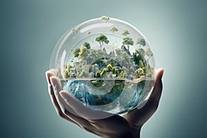 Eco city concept in glass sphere. Close up human hands holding planet earth with green city in it.