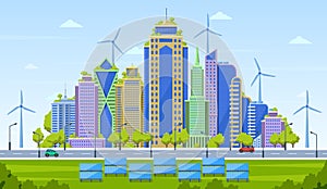 Eco city concept. Smart city landscape, urban modern cityscape, eco friendly skyscrapers with alternative energy sources