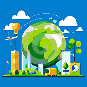 Eco city concept. Vector illustration in flat cartoon style. Green eco friendly city. Generative AI