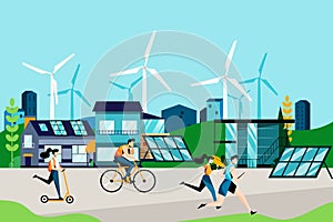 Eco city and eco living concept. Using of green energy, solar panels, wind turbines. Vector flat cartoon illustration