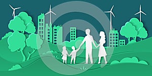 Eco city and family. Paper cut smart city with green energy ecosystem and happy family, friendly ecology concept. Vector