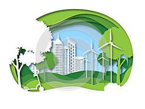 Eco city. Future ecosystem with building, tree and windmill. Green recycling energy, save environment papercut vector