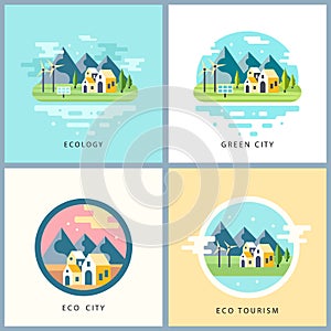 Eco city set. Alternative energy concept